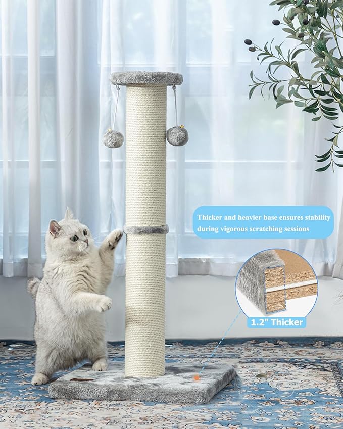Kilodor 34Inch Tall Cat Scratching Post,4.3Inch Diameter Large Sisal Cat Scratch Post with Ball, Sturdy and Durable Cat Scratcher for Indoor Cats Adults Grey-PawvioPets