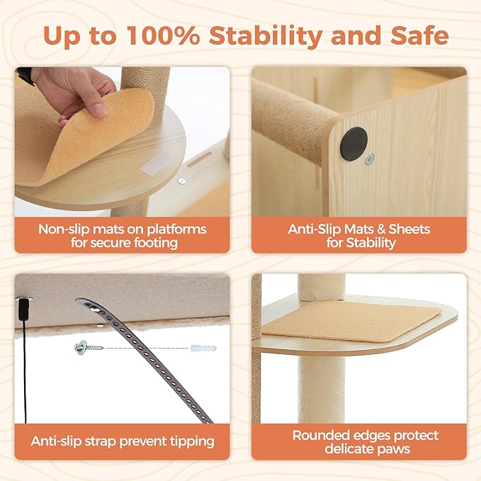 71" Tall Wood Cat Tree for Large Cats, Modern Cat Tower with 2 Acrylic Bowls, Large Top Perch, Spacious Cat Cave (Soft Cushion Included), 10 Sisal Scratching Posts and Non-Slip Jump Platforms-PawvioPets