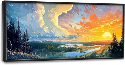 Framed Large Sunrise Wall Art for Living Room, Oversized Sunrise Wall Decor Forest Lake Landscape Canvas Print Natural Picture Home Decoration for Bedroom Living Room Office 60"x30"-PawvioPets