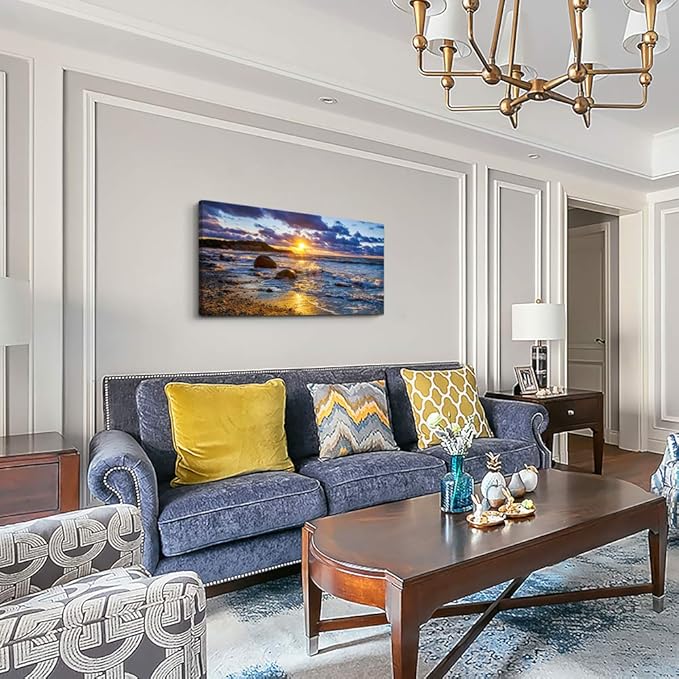 canvas wall art for living room bedroom Wall Decor blue ocean landscape painting Hang Home Decoration office bathroom kitchen sun beach sea golden Waves on the beach canvas art Prints pictures Works-PawvioPets