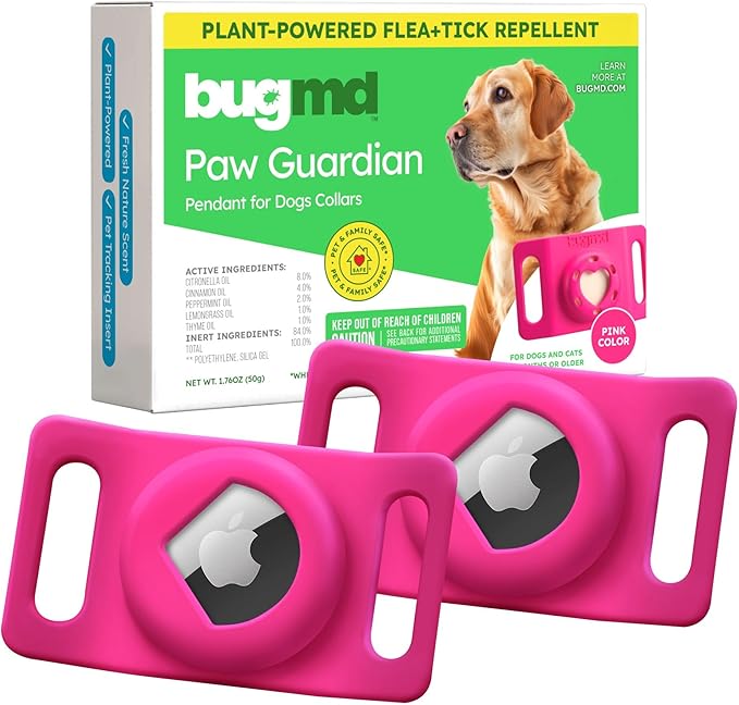 BugMD Paw Guardian Flea & Tick Pendant (2-Pack) with AirTag Holder – Plant-Based Flea & Tick Prevention for Dogs – Pet Collar Tag & GPS Tracker Holder for Dogs – Pink-PawvioPets