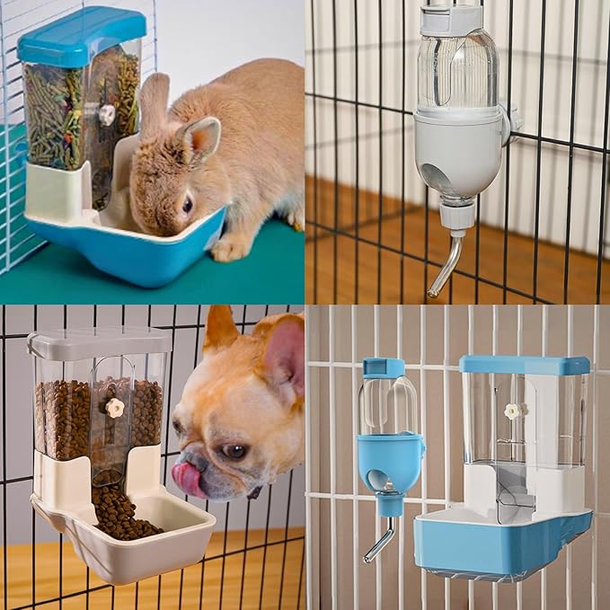 Automatic Pet Food Water Dispenser, Auto Gravity Pet Feeder Water Bottle Set for Crate Cage, Feeding Station for Small Dog Cat Rabbit Guinea Pigs Chinchilla Ferret Hedgehog (Gray)-PawvioPets