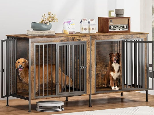 78 Inch Dog Cage Furniture for 2 Large/Medium Dogs with Removable Divider, Extra Large Double Doors Dog Kennel, XXL Thick Wooden Dog cage Furniture, Durable and Sturdy, Brown-PawvioPets