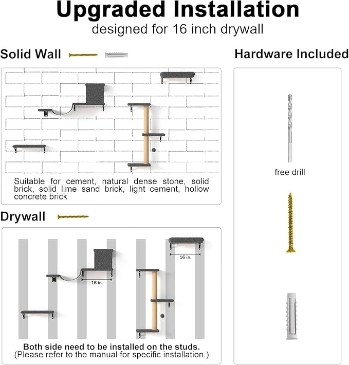 FUKUMARU Cat Wall Shelves, Stable & Safe 4 in 1 Cat Furniture Set, Wooden Climbing Wall with Scratching Post for 16 Inch Drywall - Gray-PawvioPets