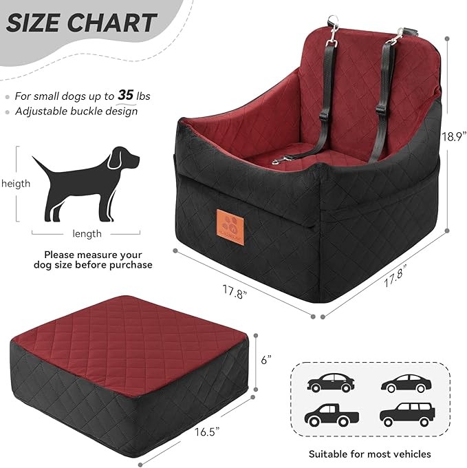 Dog Car Seat for Small/Medium Dogs, Dog Booster Car Seats with Thick Cushion for Dogs Under 35lbs, Detachable Washable Pet Car Seat with Storage Pockets, 2 Safety Belts(Black/Red)-PawvioPets