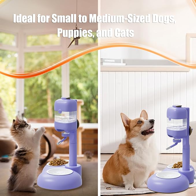 Dog Bowls with Puppy Weaning Bottles,3 in 1 Dog Bowl Set with Water Dispenser and 2 Food Grade Ceramic Bowls for Cats,Bunnies,Ferrets and Small Sized Dogs（Purple）-PawvioPets