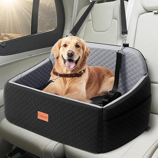 Dog Car Seat for Large Medium Dogs, Pet Car Seat Under 55 lbs or 2 Puppies, Removable Washable Pets Travel Booster Bed for Automotive Backseat with Comfy Thick Cushion, 2 Safety Leashes(Black/Gray)-PawvioPets