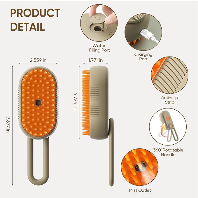 4-in-1 Cat Steam Brush for shedding–Self-Cleaning Comb for Long and Short Hair Cats and Dogs, Steam Pet Brush for Hair Removal, Vibrating Message, Grooming & Relaxation (Khaki)-PawvioPets