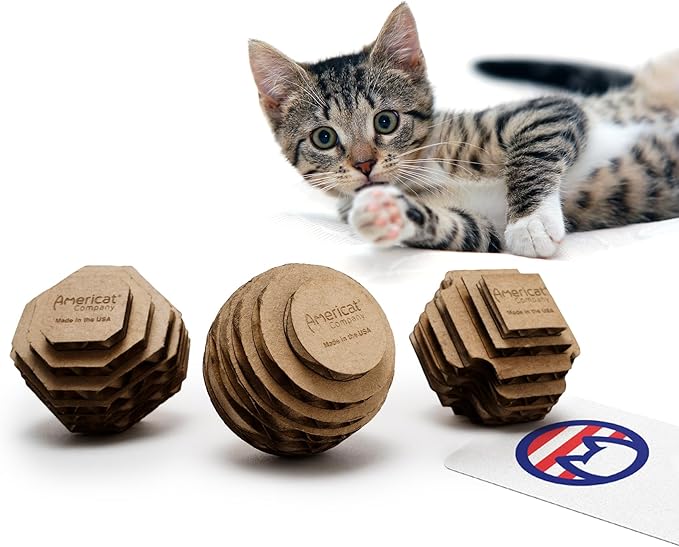 Cat Ball Toys by Americat – Made in USA – Safe Cardboard Cat Toys – for Interactive and Independent Play, Exercise & Stress Relief for All Breeds & Ages (Variety Pack of 3 Balls)-PawvioPets