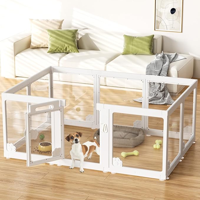 Acrylic Clear Dog Play Pen Indoors, Puppy Playpen with Door for Small Dogs Puppies, Transparent Plastic Pet Playpen Cage Fence Crate Kennel for Cat Kitten Rabbit Bunny Ferret etc (White-10 Panels)-PawvioPets