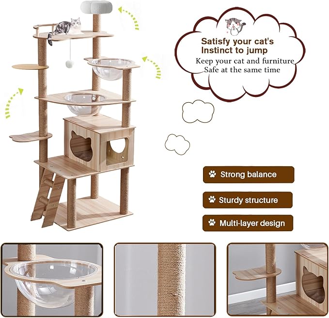 67-Inch Cat Tree for Indoor Cats Large Adult,Cat Tree Tower with Condo, Cat Stairs, 2 Bowl,14 Sisal Scratching Posts, Top Perch, with Padded Platform Bed,Toy Balls,Larg Large cat Tree.B12-PawvioPets