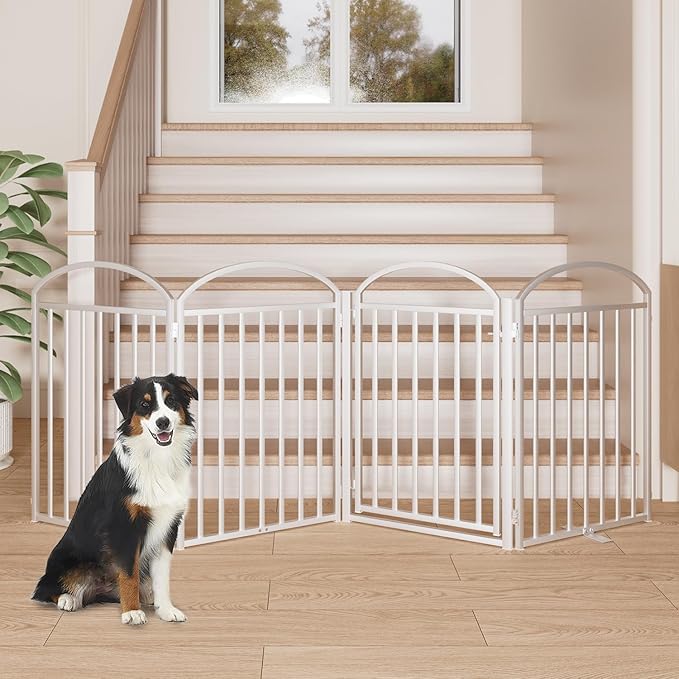 4 Panles Full Matel Freestanding Dog Gates with Door, 96"Extra Wide 32"Tall Free Standing Dog Pet Gate for Indoor & Outdoor. Foldable Pet Fences for Doorways, House, Stairs, Porch, Deck, Yard-PawvioPets