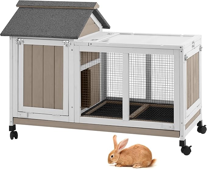 38''L Rabbit Hutch Outdoor Indoor with Wheels, Wooden Expandable 2 Story Bunny House Rabbit Cage with Run, Waterproof Roof, Pull Out Tray, Guinea Pig Cage Chicken Coop for Small to Medium Pets-PawvioPets