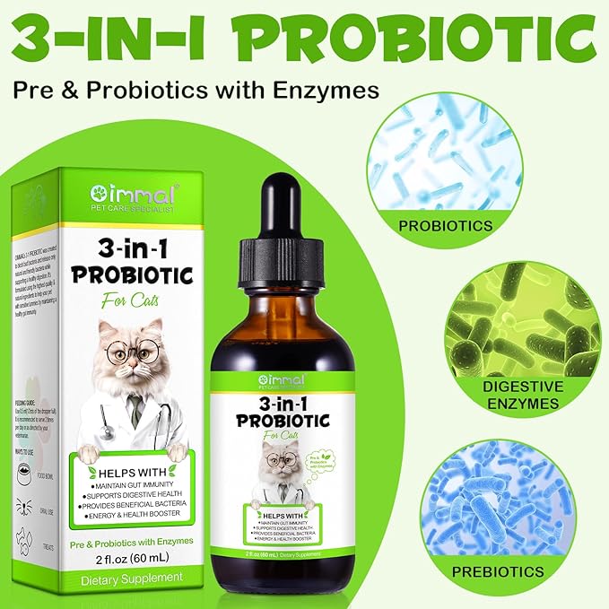 3-in-1 Probiotics for Cats(Pack of 2) with Digestive Enzymes & Prebiotics – Supports Gut Health, Immune System & Diarrhea Relief – 2 x 60ml for Cats of All Ages-PawvioPets