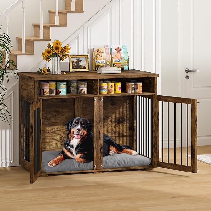 Furniture Dog Crate for 2 Dogs, 41 Inch Dog Kennel Furniture with Removable Divider and Shelf Storage, Wooden Dog Crate for Small/Medium Dogs, Rustic Brown-PawvioPets