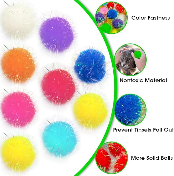 20 Pieces Mix Sizes Sparkle Pom Pom Balls for Cat - Interactive Glitter Balls, Multicolor, Best as Kitten Play Toys.-PawvioPets