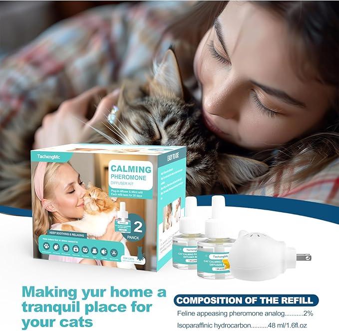 Cat Calming Diffuser, Cat Pheromones Calming Diffuser with 1 Diffuser + 2 Refills 48ml, Cat Anxiety Relief Cat Pheromone Diffuser Kit 60 Days, Pheromone Diffuser to Calm Cats-PawvioPets