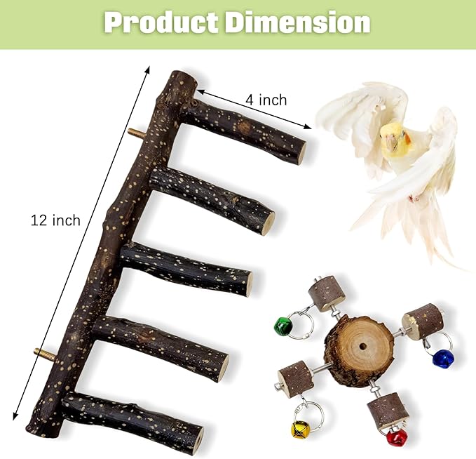 BNOSDM Natural Wood Bird Ladder Perch with Rotating Bell Toys-Exercise Stands for Parrot Climbing Chewing Parakeet Bridge Cage Accessories for Cockatiel, Conures, Lovebirds, Budgie-PawvioPets