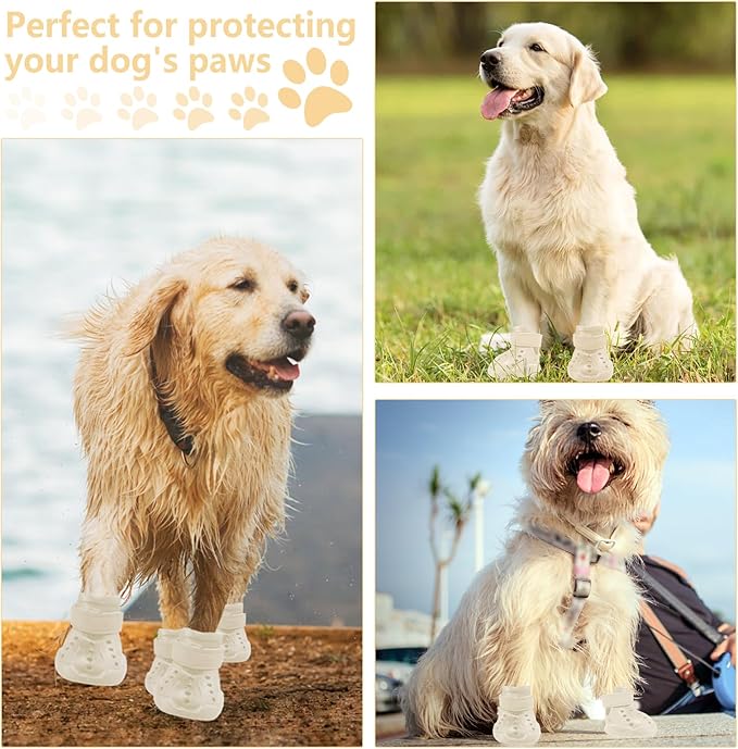 Dog Shoes, Dog Sandals for Hot Pavement, Non-Slip Waterproof Dog Booties for Winter Snowy Day and Summer, Adjustable Straps Easy-Clean Beach Outdoor Pet Boots Rugged Sole-4Pcs Beige-PawvioPets