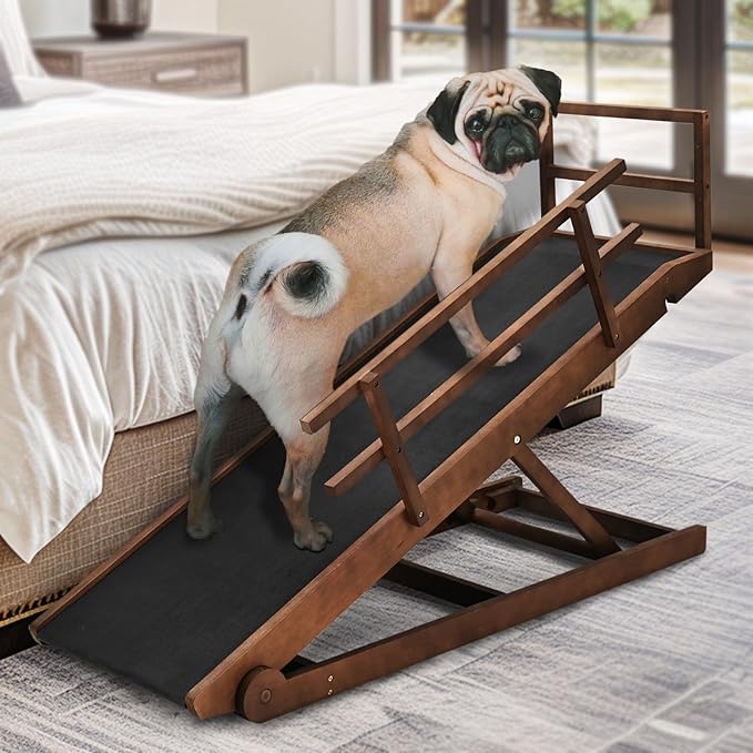Dog Ramp, 5 Level Adjustable Wooden Folding Pet Ramp for Middle Bed, Couch,SUV-High Traction, Portable Paw Ramps for Small & Large Old Dogs & Cats - Furniture Quality-PawvioPets