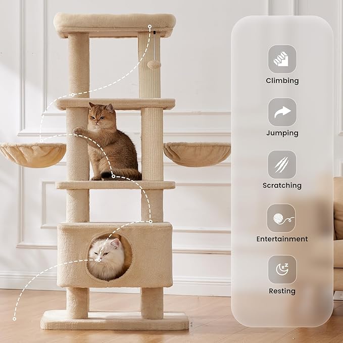 Gardner Pet 65in Heavy Duty Cat Tree Tower for Large Cats, Multi-Level Cat Furniture with Replaceable Sisal Scratching Post, Hammock | Extra-Large Platform & Condo (Upgraded Beige)-PawvioPets