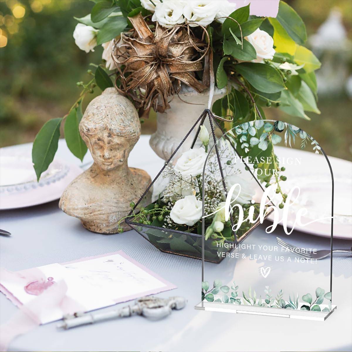 Acrylic Wedding Sign Please Sign Our Bible Signs for Ceremony Modern Calligraphy Arch Acrylic Table Top Signs for Wedding Reception and Event Party Table Decor (Eucalyptus Leaves)
