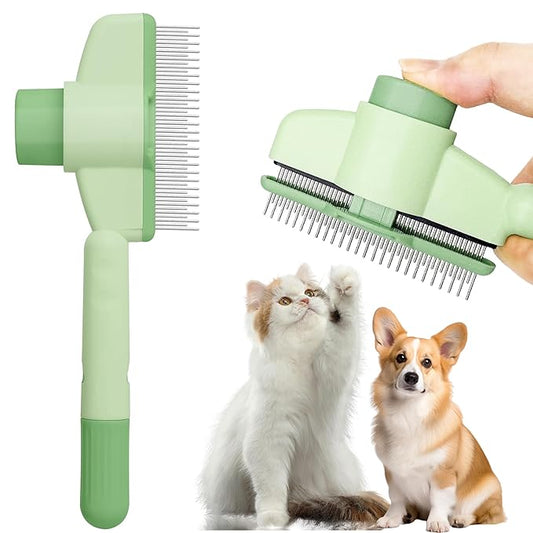 Cat Comb Dog Comb Pet Hair Removal Tool Flea Comb for Cats and Dog Lice Comb Cat Brush with Release Button Self-Cleaning with Long & Short Stainless Steel Metal Teeth for Shedding-PawvioPets