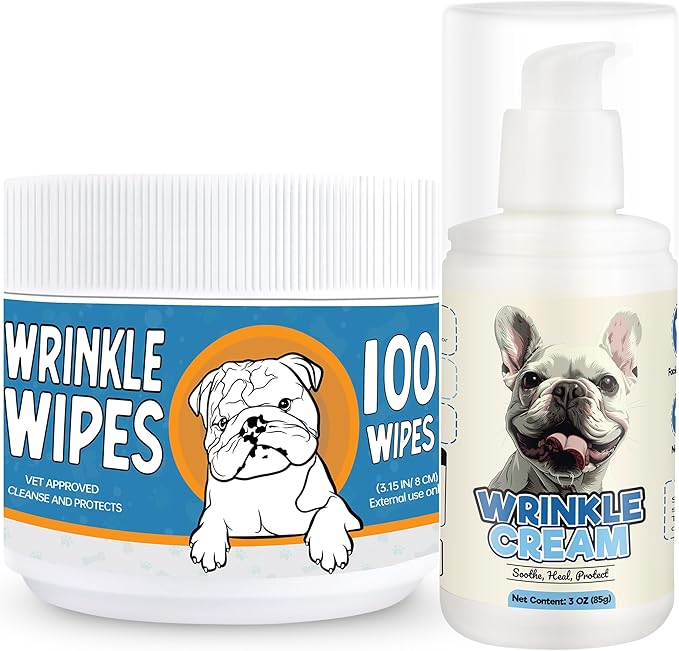 Bulldog Wrinkle Wipes & Cream Bundle - Deep Cleaning Wrinkle Wipes + Soothing Dog Wrinkle Cream - Hypoallergenic for Bulldogs, Pugs, Frenchies (100 Wipes + 85g Cream)-PawvioPets