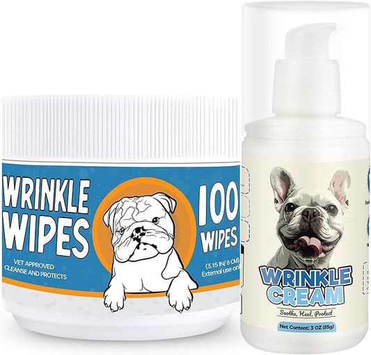 Bulldog Wrinkle Wipes & Cream Bundle - Deep Cleaning Wrinkle Wipes + Soothing Dog Wrinkle Cream - Hypoallergenic for Bulldogs, Pugs, Frenchies (100 Wipes + 85g Cream)-PawvioPets