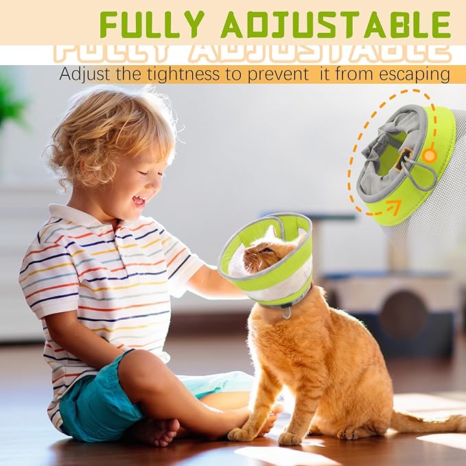 Breathable Air Mesh Cat Cone Collar Soft to Stop Licking, Adjustable, Foldable Lightweight Kitten Cones After Surgery Recovery for Cats & Kittens (Green, M)-PawvioPets