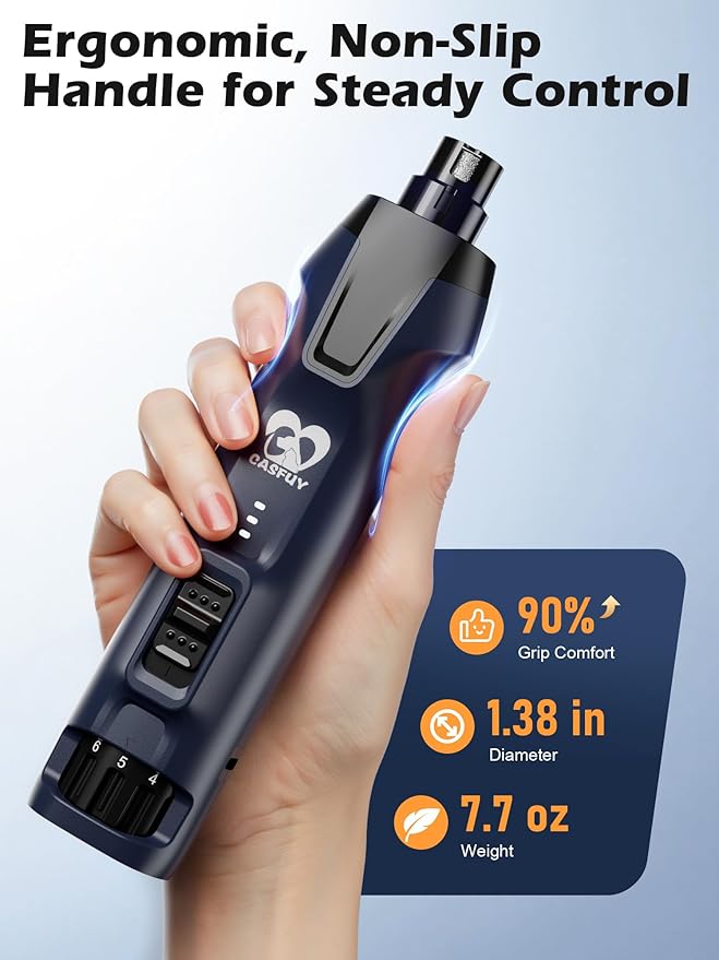 Casfuy 6-Speed Dog Nail Grinder – 50%+ Boost Power Dog Nail Trimmers Quiet with Dust Cap & 2 LED Lights & 2000mAh Battery & 4.8V Motor Electric Pet Toenail File Tool for Large Medium Small Dogs Cats-PawvioPets