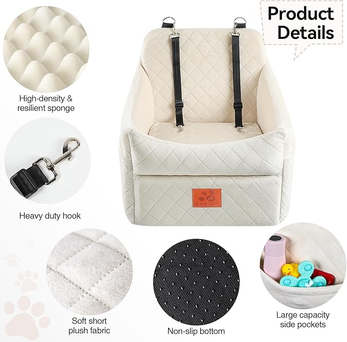Dog Car Seat for Small/Medium Dogs, Dog Booster Car Seats with Thick Cushion for Dogs Under 35lbs, Detachable Washable Pet Carseat with Storage Pockets, 2 Safety Belts(Beige)-PawvioPets