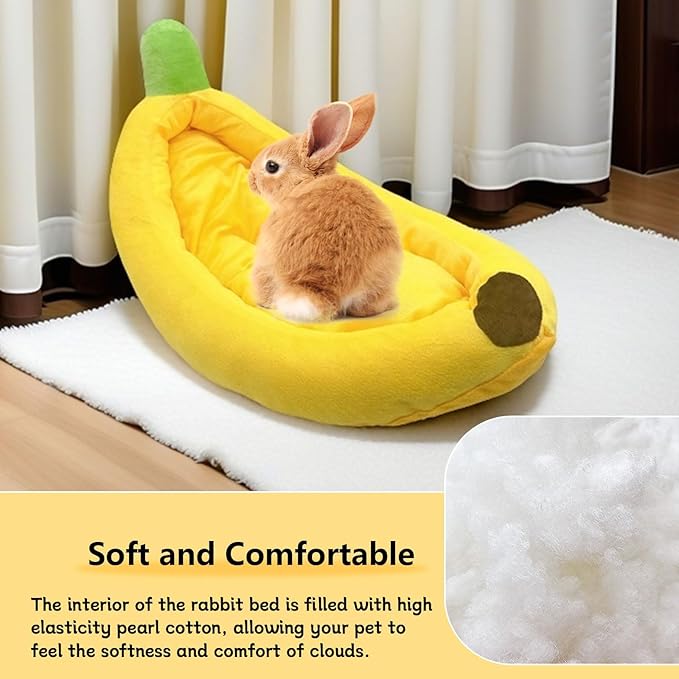 Bunny Bed,Rabbit Bed,Thick&Soft with Removable Mat,Machine Washable Guinea Pig Cushion,Cozy Bunny Plush House,Warm Small Animal Sleeping Beds(Yellow Banana Shape-M)-PawvioPets