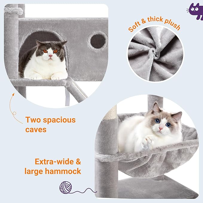 Allewie 81 Inches Tall Cat Tree/Multi-Level Large Climbing Tree House and Towers for Big Feline/Condo and Hammock/Scratching Post/Wide Base/Grey-PawvioPets