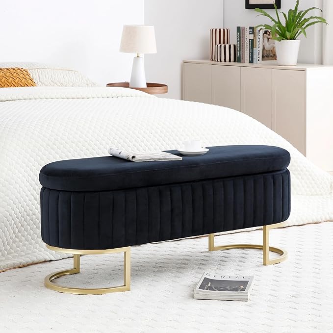 50" Sherpa Storage Ottoman Bench – Velvet Upholstered Bedroom Bench with Golden Metal Legs, Lift-Top Hidden Storage, Modern Footrest for Living Room, Entryway, Bed End (Black)-PawvioPets