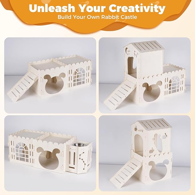 Extra Large Rabbit House, Wooden Bunny House Hideout with 4 Houses and Hay Feeder Indoor, Rabbit Guinea Pig Hideout Multistory Climbing Tower Sturdy Wooden Castle, Small Animal Hideaway Tunnel-PawvioPets