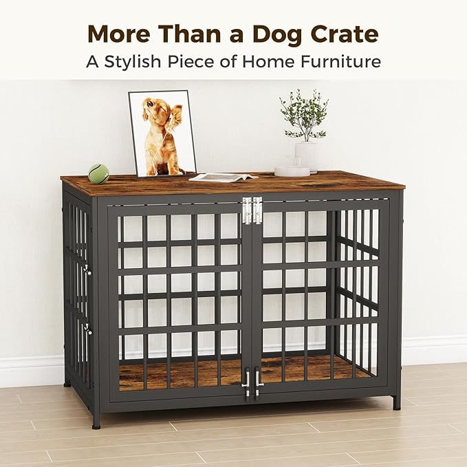 38 Inch Heavy Duty Wooden Dog Kennel End Table with Double Door Design and Secure Locks, Indoor Pet Crate Furniture for Medium Dogs, Decorative Home Cage Design,Aged Black-PawvioPets