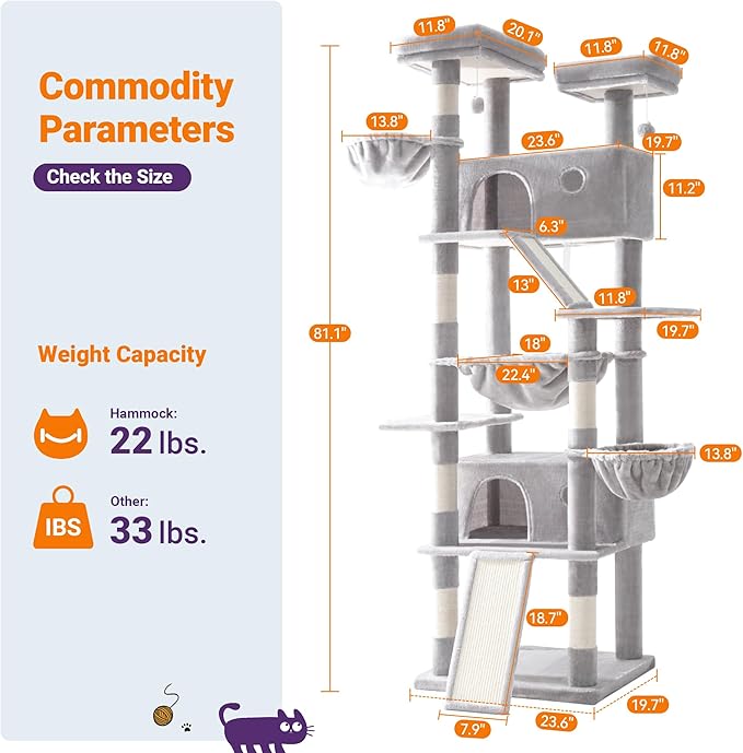 Allewie 81 Inches Tall Cat Tree/Multi-Level Large Climbing Tree House and Towers for Big Feline/Condo and Hammock/Scratching Post/Wide Base/Grey-PawvioPets