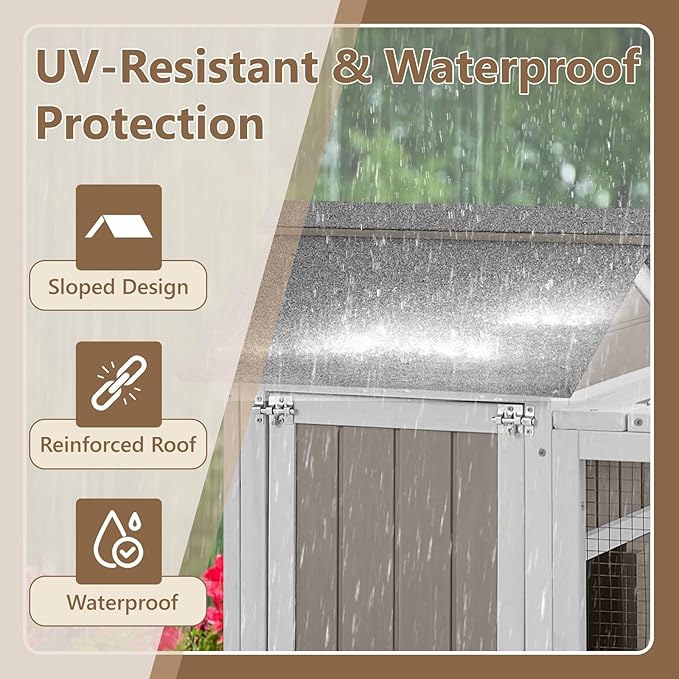 76''L Rabbit Hutch Outdoor Indoor with Wheels, Wooden 2 Story Bunny House Rabbit Cage with Run, Waterproof Roof, Pull Out Tray, Guinea Pig Cage Chicken Coop for Small to Medium Pets-PawvioPets