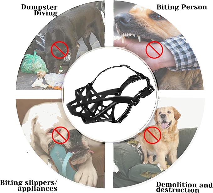 Dog Muzzle, Breathable Basket and Soft Cage Black Dog Mouth Cover,Anti-Biting, Barking and Chewing for Small Medium Large Dogs, 1 Pack Poop Bags for Dogs (Medium)-PawvioPets
