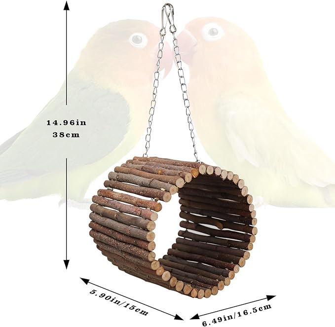 Bird Parrot Swing Toys, Hanging Bird Tree Caves, Natural Apple Wood Parrot Hammock, Bird Cage Accessories, Suitable for Little Bird Parakeets Cockatiels Lovebirds Hamster Rat (6.49" in Diameter)-PawvioPets