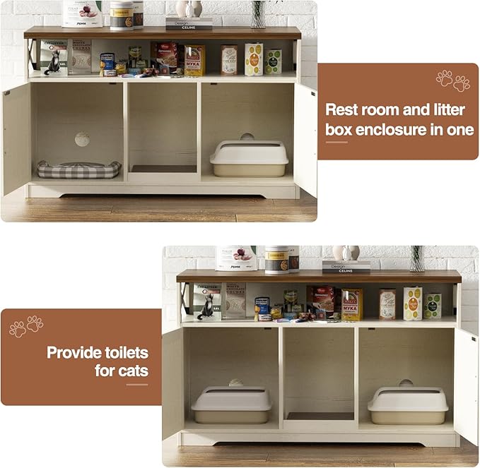 Cat Litter Box Enclosure for 2 Cats, 47" Double Hidden Litter Box Furniture with Scratch Pad, Farmhouse Indoor Litter Box Cabinet Cat Washroom, White-PawvioPets