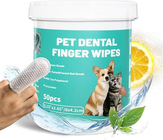 Dog Teeth Dental Finger Wipes for Dogs & Cats No-Rinse Dog Finger Toothbrush Dog Plaque & Tartar Prevention with Brushing Beads Dog Breath Freshene 50pcs-PawvioPets