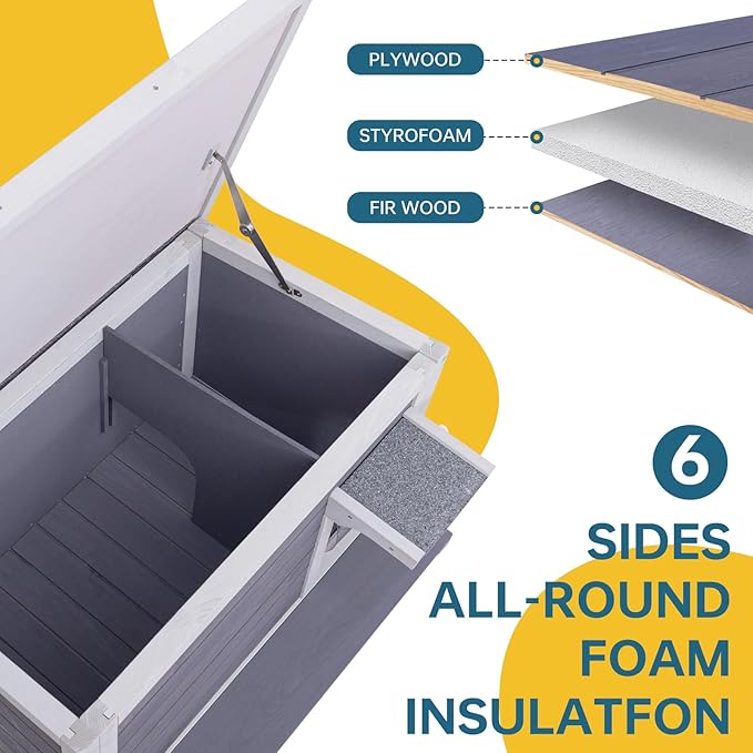 GEGURI Insulated Cat House Outdoor Weatherproof Feral Cat Shelter for Winter Large Wooden Enclosure with Escape Door-PawvioPets