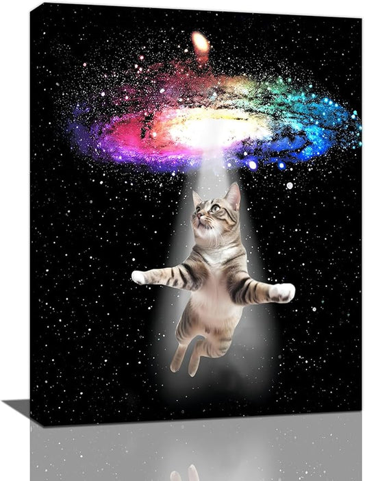 Funny Cat Wall Art Canvas Galaxy Wall Decor Prints Framed Painting Animal Pictures Gifts Artwork for Bathroom Living Dining Kitchen 12"x16"-PawvioPets