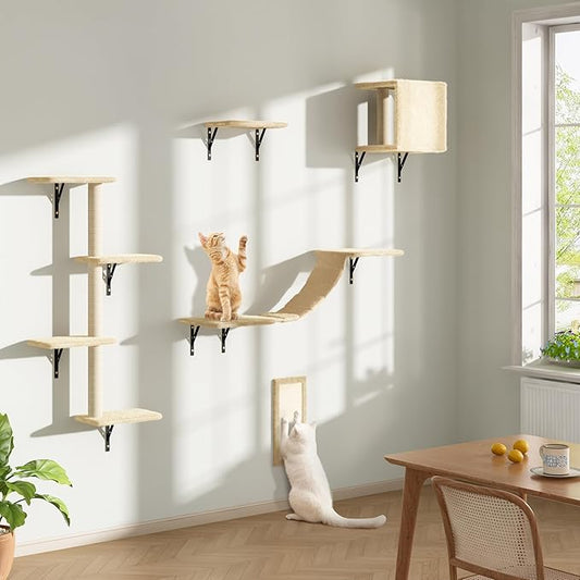 COZIWOW Wall Mounted Cat Furniture, Cat Wall Shelves and Perches, Floating Cat Shelves for Wall Set of 5(Beige)-PawvioPets