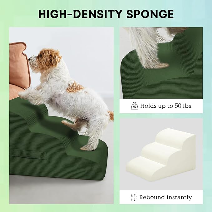 Dog Steps for Small Dogs, 4-Step Pet Ramp Stairs for High Beds and Sofa, Non-Slip Pet Stairs for Small Dogs and Cats, Removable and Easy to Clean Cover, Green-PawvioPets