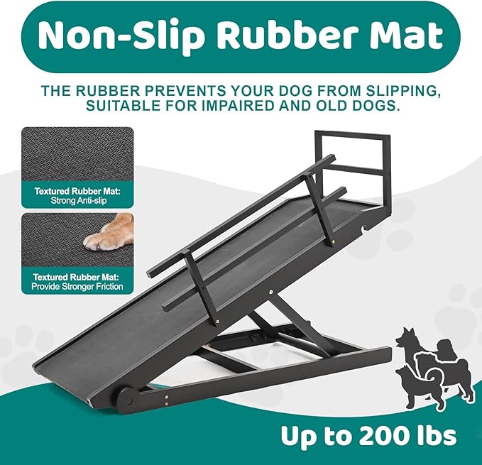Dog Ramp for Bed, Adjustable Pet Ramps for Dog to Get on Bed, Non-Slip Rubber Surface - Folding Wooden Dog Ramp for Small/Large/Old Dogs, Adjustable up to 23.5 inch High Beds, Safety Railings-PawvioPets