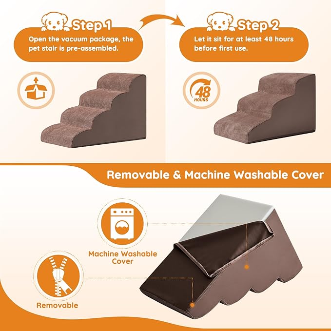 Dogs Steps for Bed, Dog Stairs for Small Dogs, 2-Step Dog Ramp for Bed, Couch, Sofa, and Chairs, Non-Slip Bottom Design, Cat Scratching, High Density Foam Portable Pet Step, Indoor, Coffee-PawvioPets