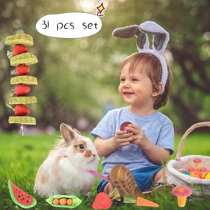 31 Pcs Small Pet Chew Toys for Dental Health - Natural Apple Wood, Timothy Grass Sticks & Sweet Bamboo, Teeth Grinding Toys for Rabbits, Guinea Pigs, Hamsters, Chinchillas Cage Accessories-PawvioPets